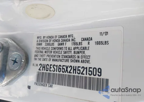 2002 Honda Civic Lx from USA, damaged, VIN 2HGES165X2H521509